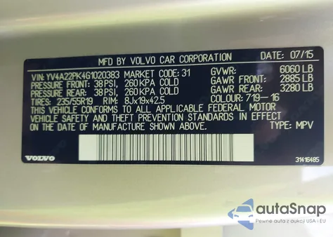 2016 Volvo Xc90 T6 Momentum из США, поврежденный, VIN YV4A22PK4G1020383